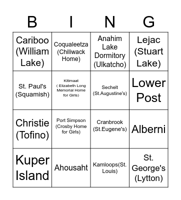 Indian Residential School in British Columbia Bingo Card