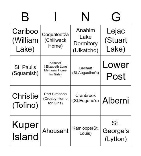 Indian Residential School in British Columbia Bingo Card