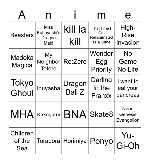 Anime Club Bingo (version c) Bingo Card
