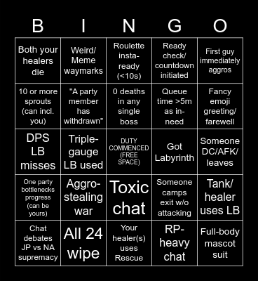 FFXIV Alliance Raid Roulette Bingo Card