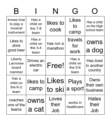 Liberty Lacrosse Social 2022 complete this bingo card and turn in for an entry into bingo raffle Bingo Card