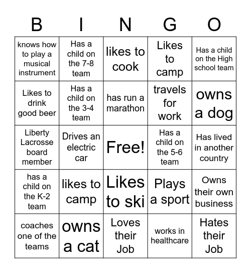 Liberty Lacrosse Social 2022 complete this bingo card and turn in for an entry into bingo raffle Bingo Card