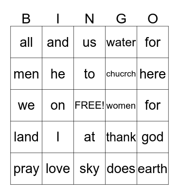 Church Bingo Card
