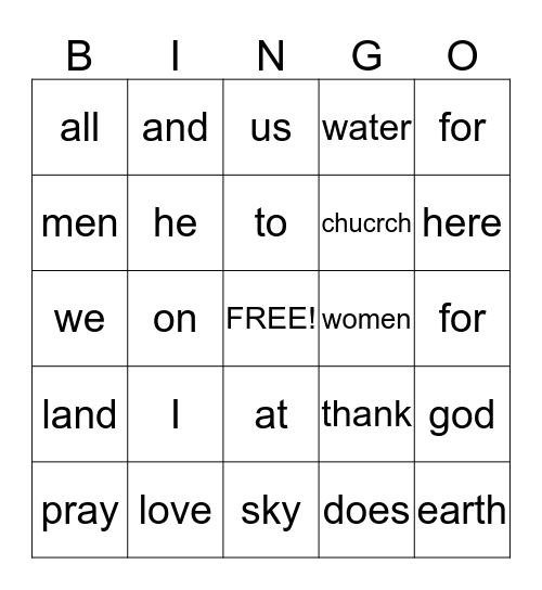 Church Bingo Card