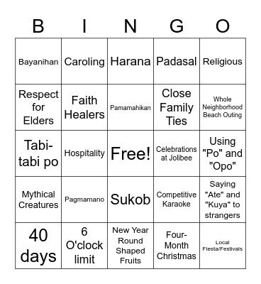 Filipino Traditions Bingo Card
