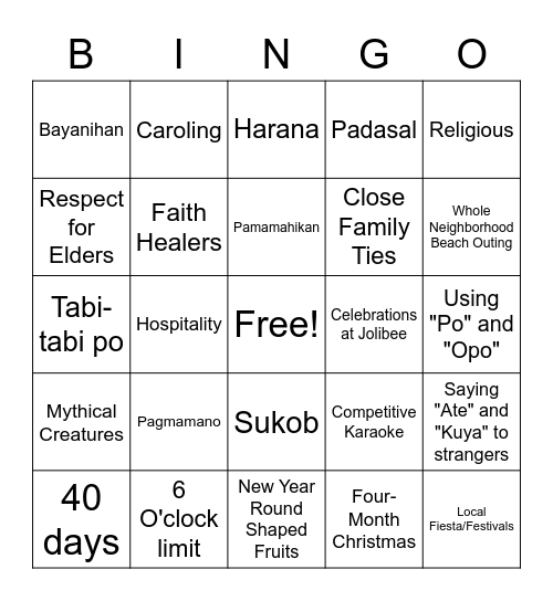 Filipino Traditions Bingo Card
