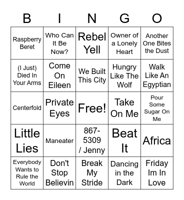 80s Pop Rock Bingo Card