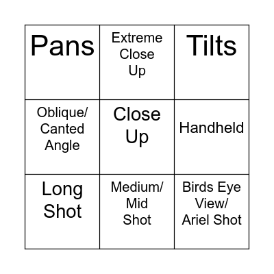 Camera Work Bingo Card