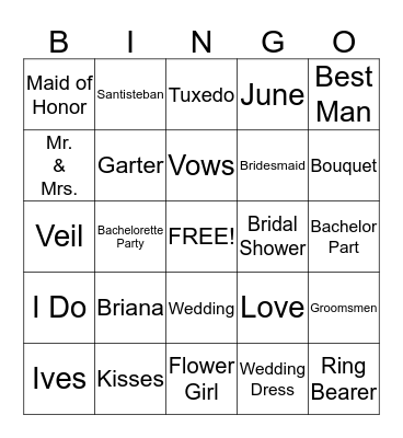 Briana's Bridal Shower Bingo Card