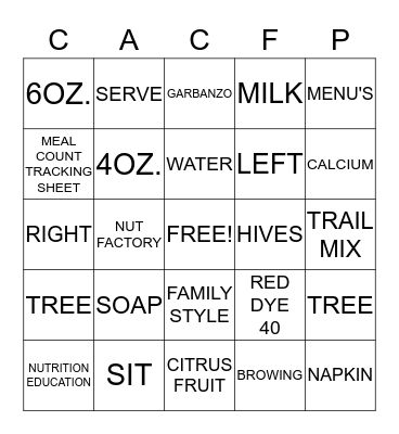 CACFP Bingo Card