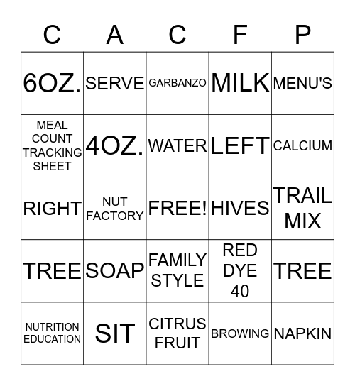 CACFP Bingo Card