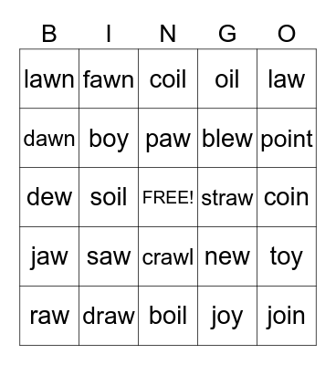 oi, oy, aw, au Bingo Card