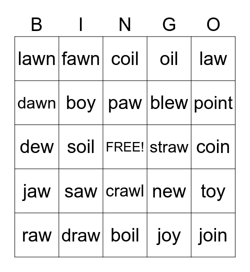 oi, oy, aw, au Bingo Card