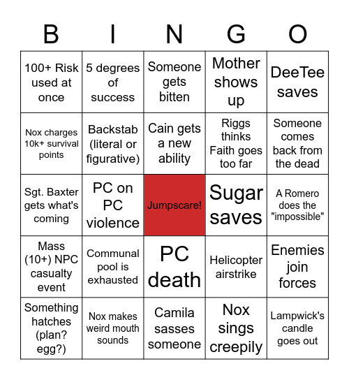 United States of the Dead Finale Bingo Card