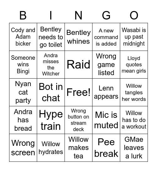 Stream Bingo Card