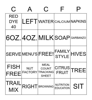 CACFP Bingo Card