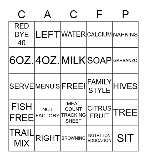 CACFP Bingo Card