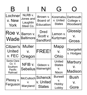 Supreme Court Bingo Card