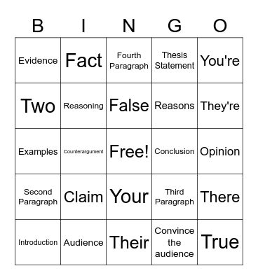 Argument Writing Structure Bingo Card
