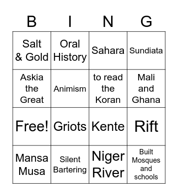 Ancient Africa Bingo Card