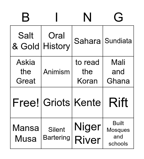 Ancient Africa Bingo Card
