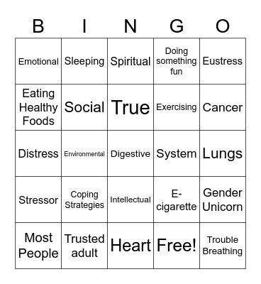 5th Grade Health Bingo Card