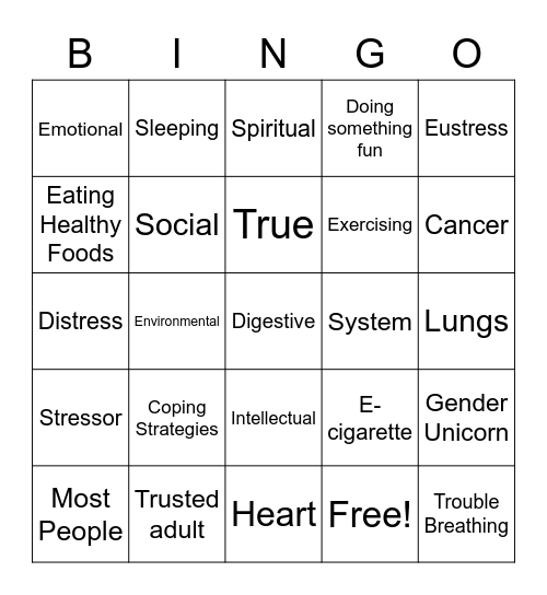 5th Grade Health Bingo Card