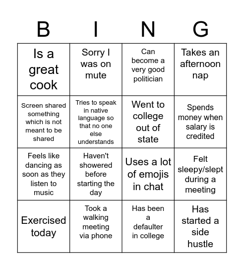 Nisarg's Bingo Card