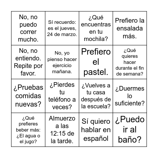 LOTO de VERBOS BOTA Q & A Bingo Card