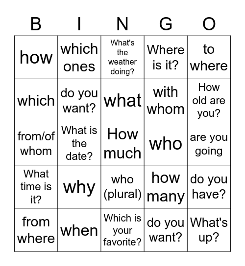 Question Words- Las Preguntas Bingo Card