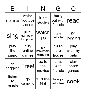 Activities in my free time Bingo Card