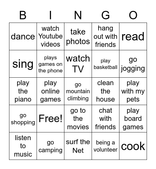 Activities in my free time Bingo Card