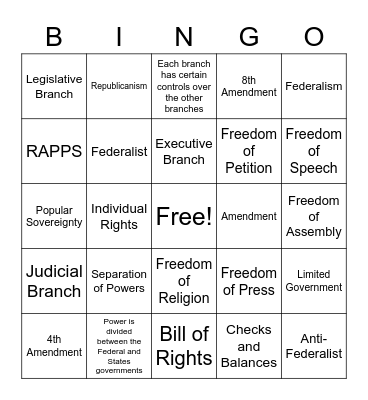 Principles of the Constitution Bingo Card