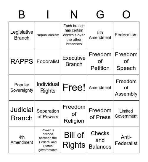 Principles of the Constitution Bingo Card