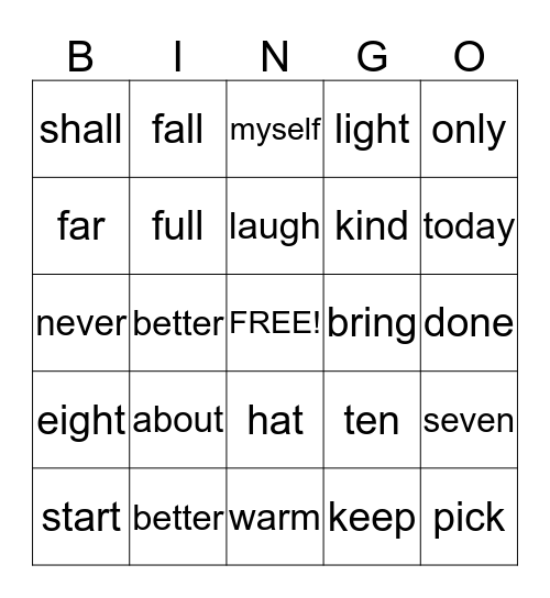 Grade Three Words Bingo Card