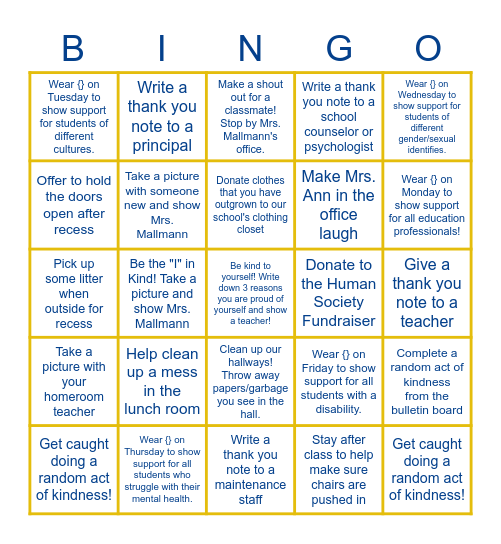 KINDNESS CHALLENGE Bingo Card
