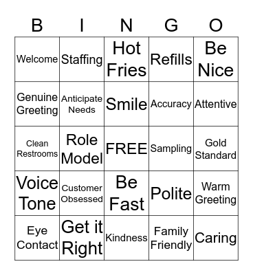 Hospitality Bingo Card