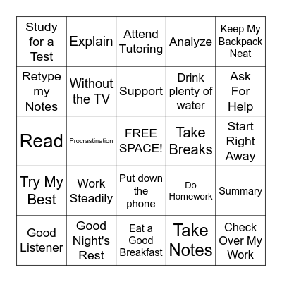 Study Skills BINGO Card