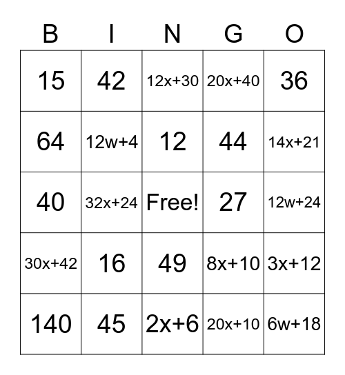 Distributive Property Bingo Card