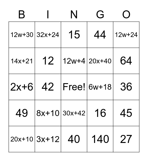 Distributive Property Bingo Card