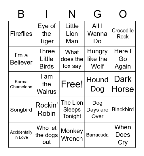 Animal Songs Bingo Card