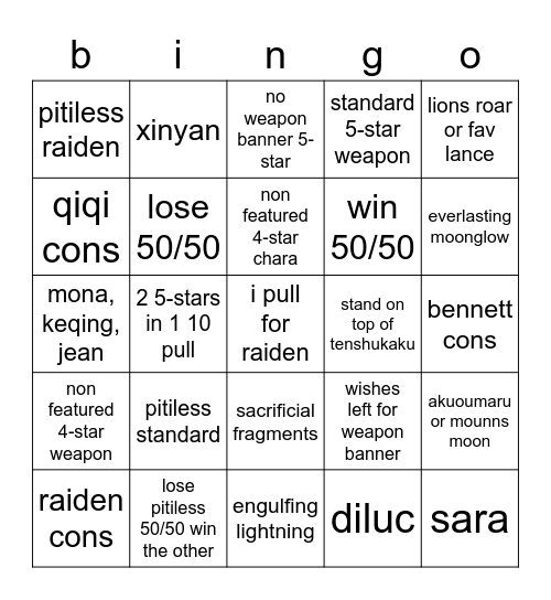 raiden wishing bingo board Bingo Card