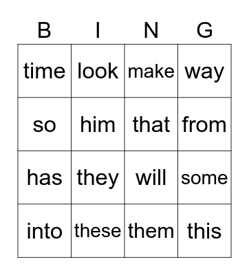 Sight words Bingo Card