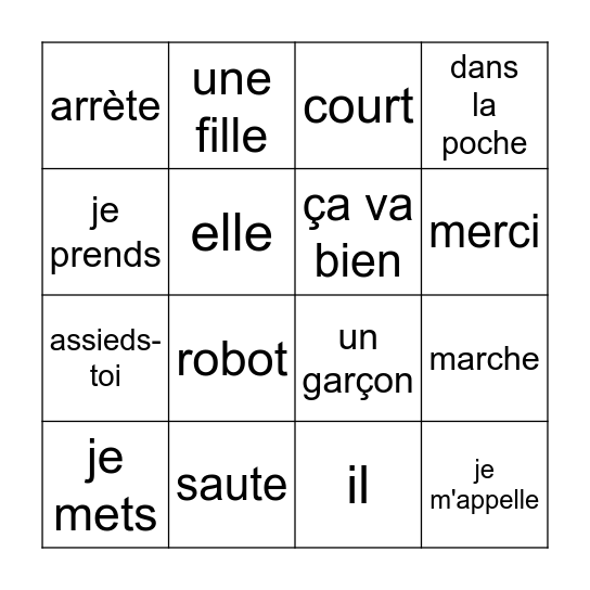 Fun World Language Academy French - lesson two Bingo Card