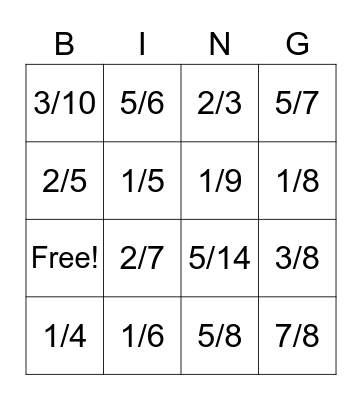 Multiplication Fraction Bingo Card