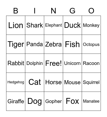 Animal Bingo Card