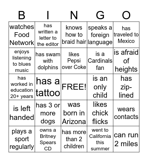 Welcome Back Bingo Card