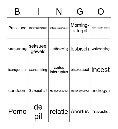 Seksualiteit & Geboorteregeling Bingo Card