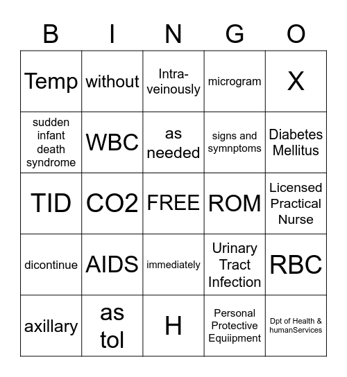 Medical Terminology Bingo Card