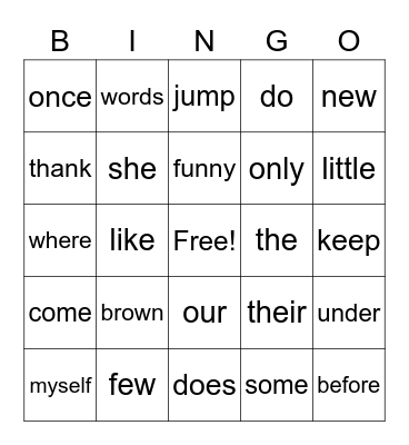 Sight Words Bingo Card
